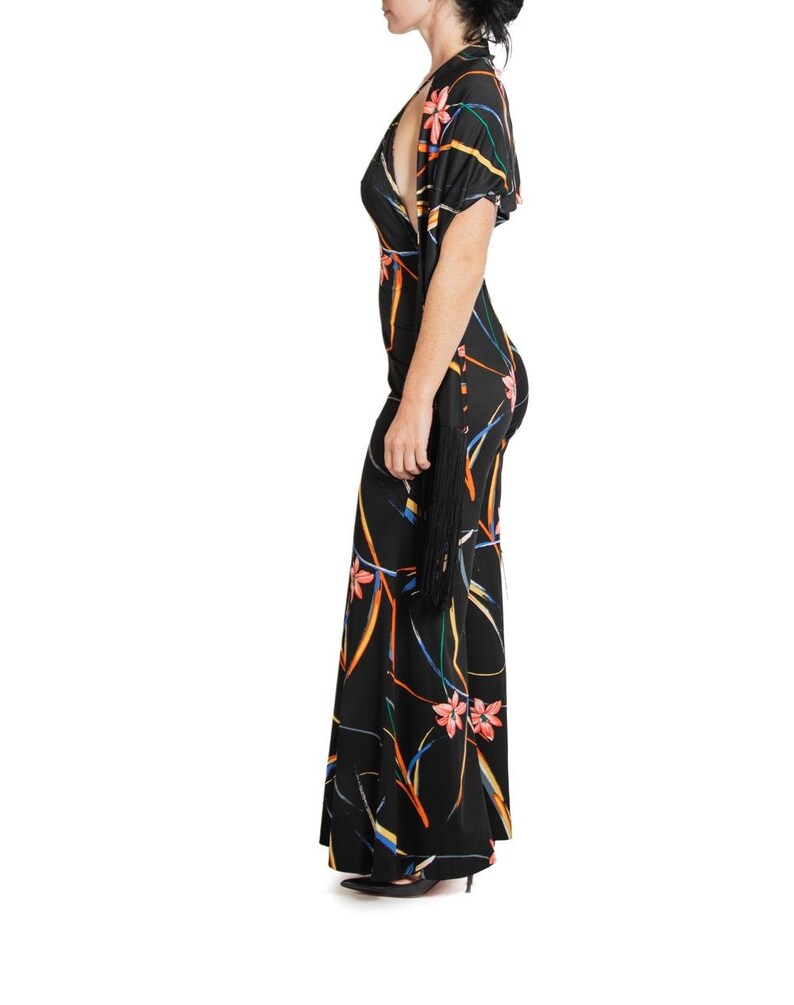 1970S Black & Tropical Rayon Jumpsuit With Matching Shawl image 2