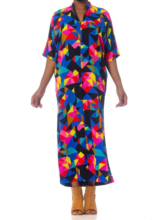 1970S Printed Multicolor Cotton Barkcloth Geometri