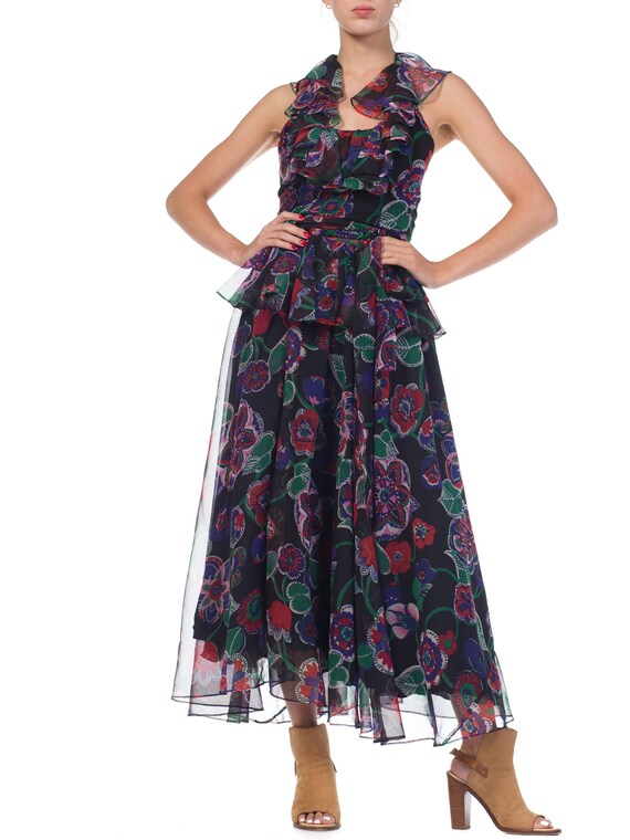 1970S Albert Capraro Floral Polyester Chiffon Skir