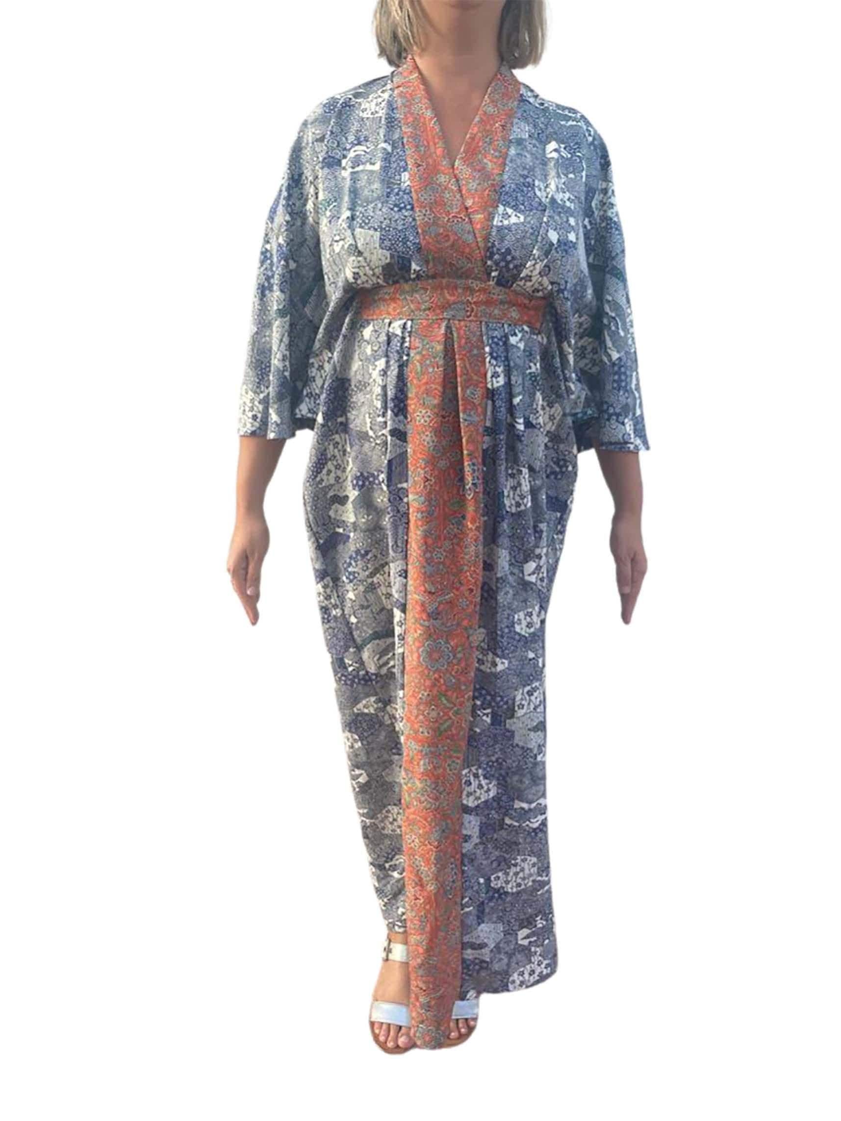 Morphew Collection Blue & White Japanese Kimono Silk Tile Print Kaftan With Terra Cota Floral Trim