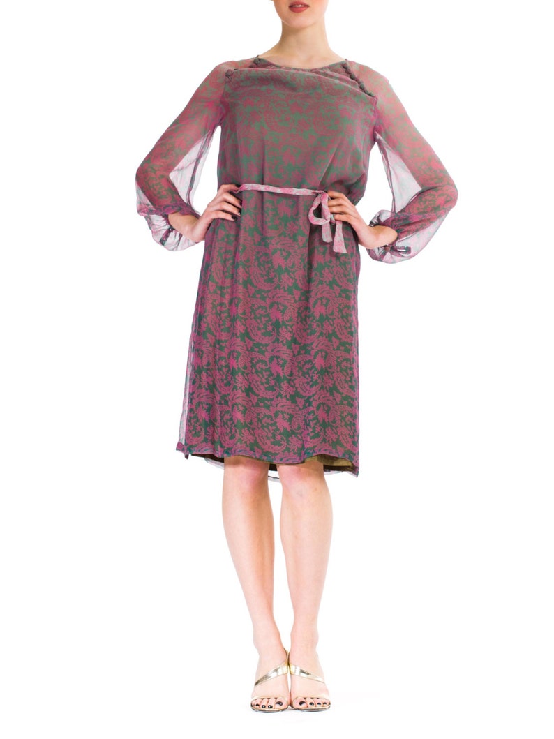 1980S Pink & Grey Silk Chiffon Paisley Printed Sheer Sleeve Dress With Belt image 1