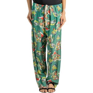jaren 1940 groene koude rayon pyjamabroek met zeldzame piratenschatkaartprint