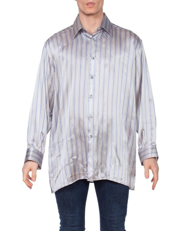 1990'S Grey Silk Satin Men's Stripe Shirt