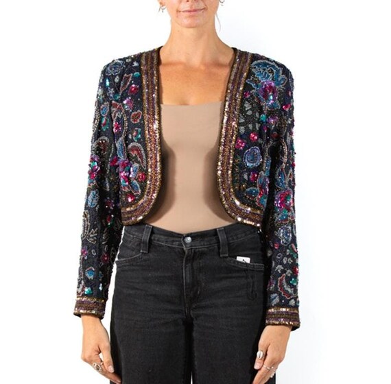 1980S Black Beaded Silk Chiffon Jacket - image 1