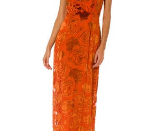 1930S Burnt Orange Floral Silk Burnout Velvet  Gown As-Is For Design Or Theatre