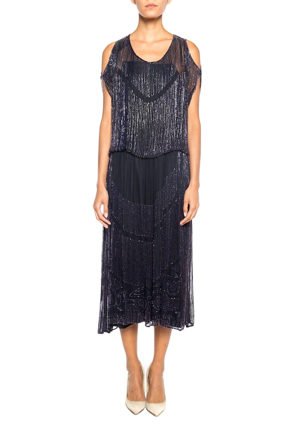 1920S Sapphire Blue Beaded Silk Chiffon Cocktail