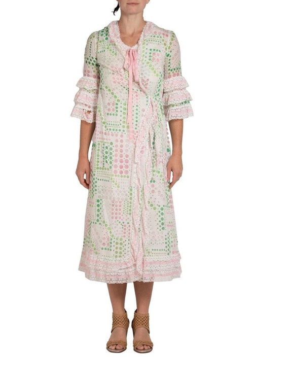 1960S Green & Pink Cotton Blend Negligee With Mat… - image 1