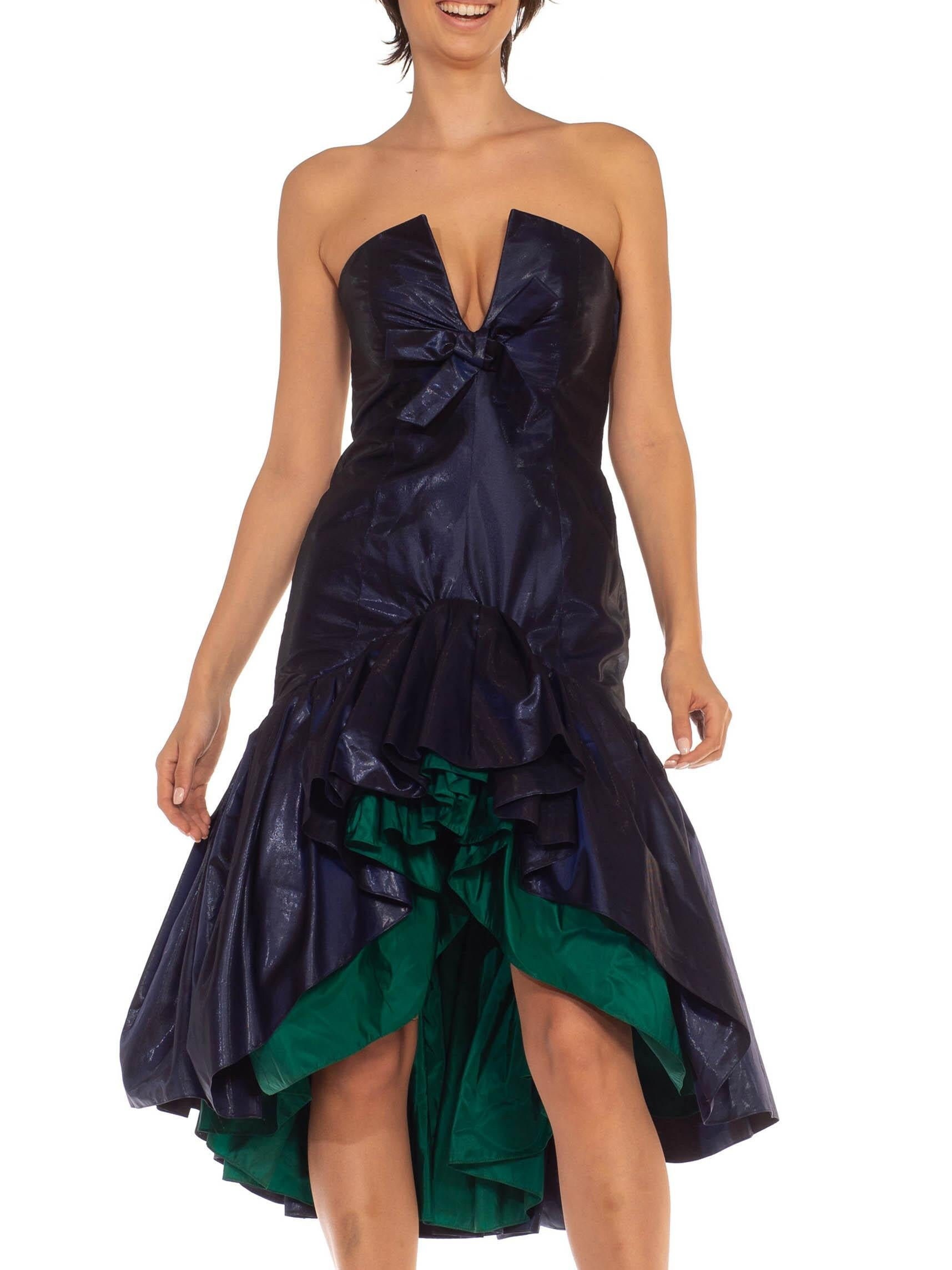 1980S Yves Saint Laurent Navy Green Silk Taffeta Ruffle Tiered Strapless Cocktail Dress