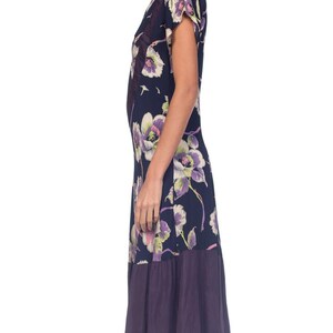 1940S Navy, Lime Green & Purple Rayon Floral Printed Dress With Taffeta Hem image 2