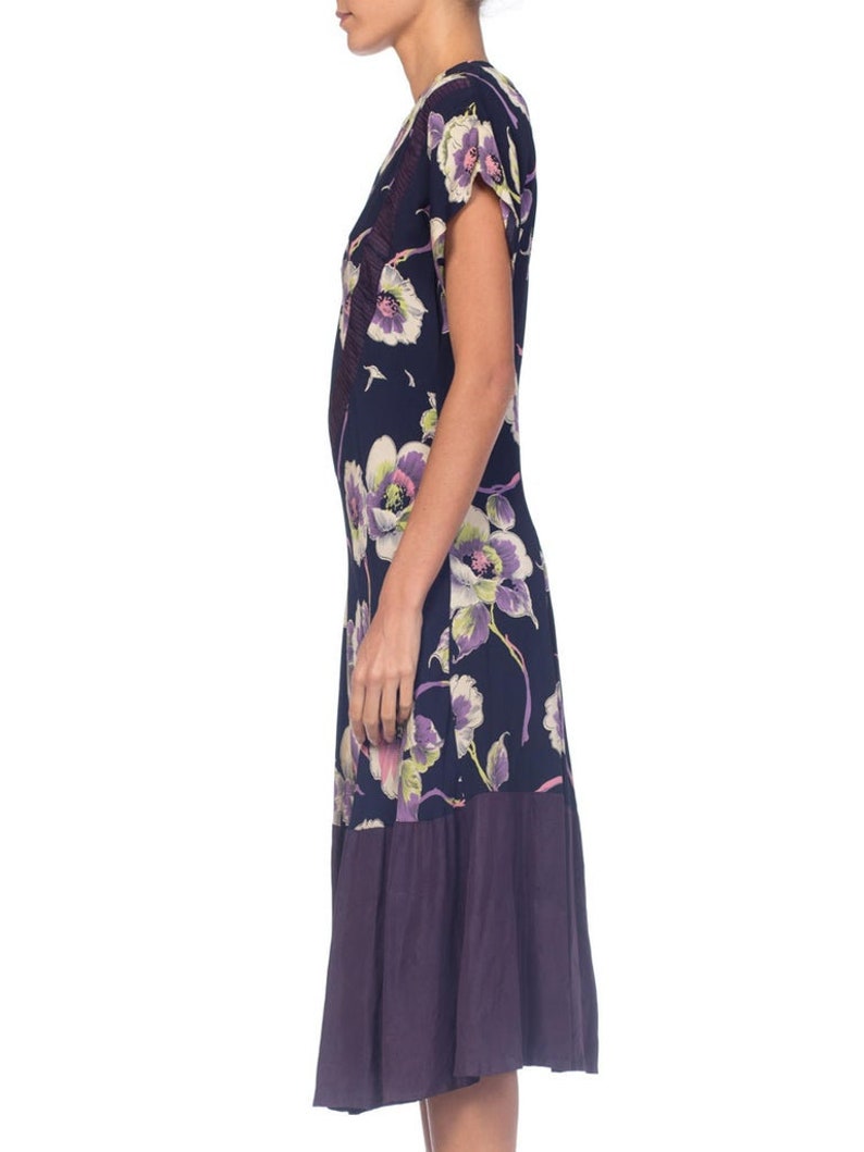 1940S Navy, Lime Green & Purple Rayon Floral Printed Dress With Taffeta Hem image 2