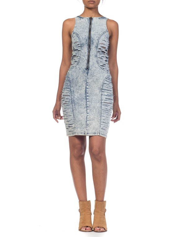 1990S Frayed Denim Bodycon Dress With Crystals