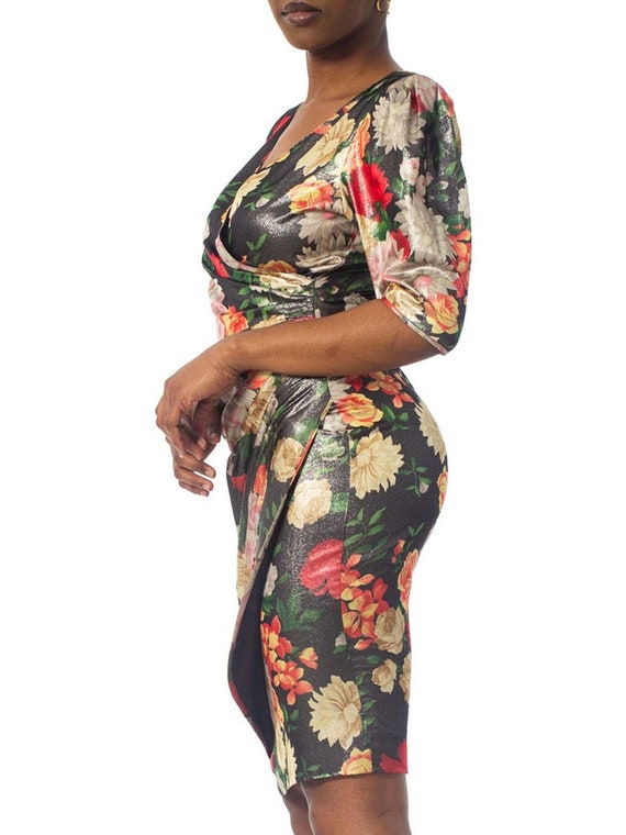 1980S Emanuel Ungaro Floral Metallic Silk Lamé Draped Short