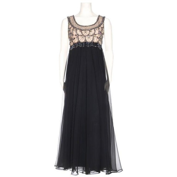 1960S Black Polyester Chiffon Crystal Beaded Gown 