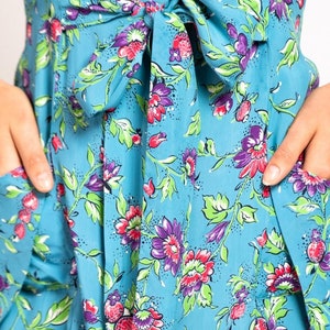 1940S Blue & Pink Floral Cold Rayon Zipper Front Dress image 9