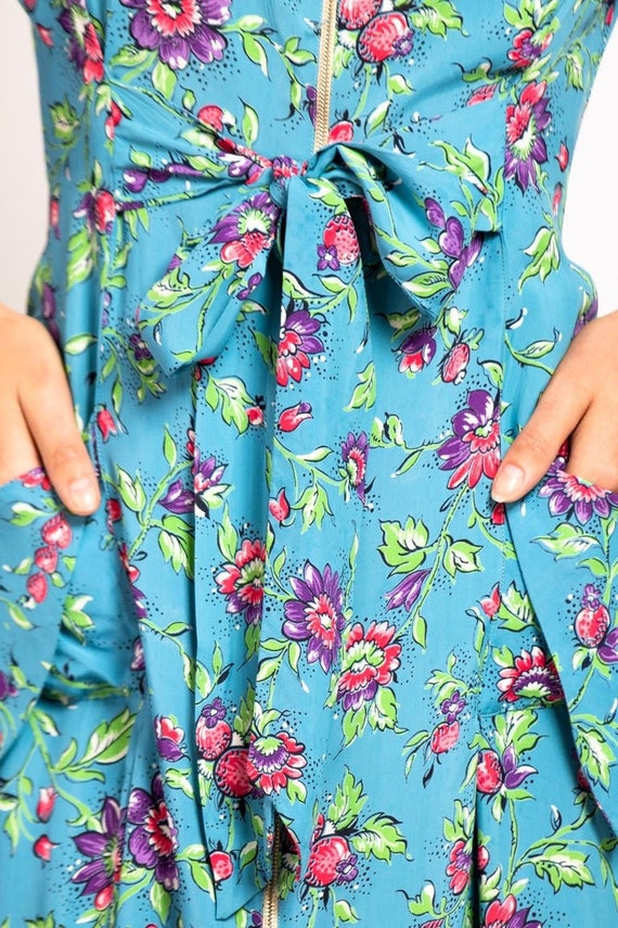1940S Blue & Pink Floral Cold Rayon Zipper Front … - image 9