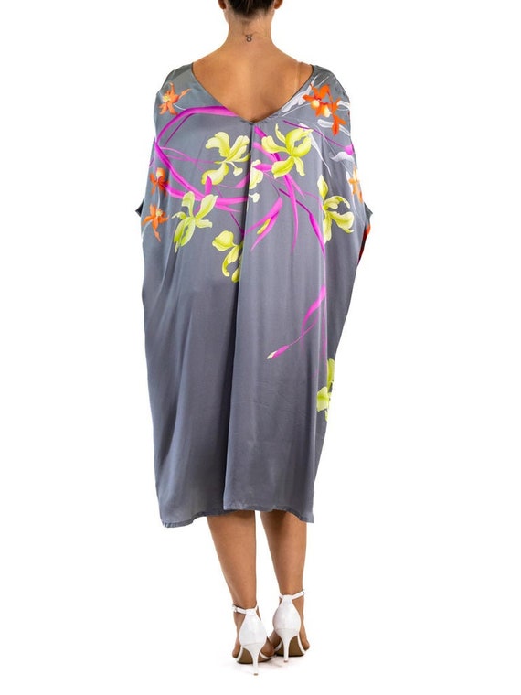 1990S Grey Silk Charmeuse Tropical Floral Tunic D… - image 5