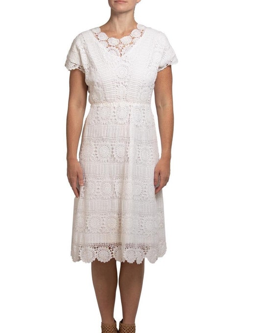 1970S White Cotton Crochet Lace Elastic Waist Dres