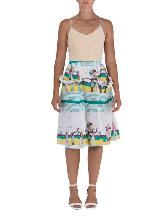1970S White Striped Beach Print Skirt With Pockets