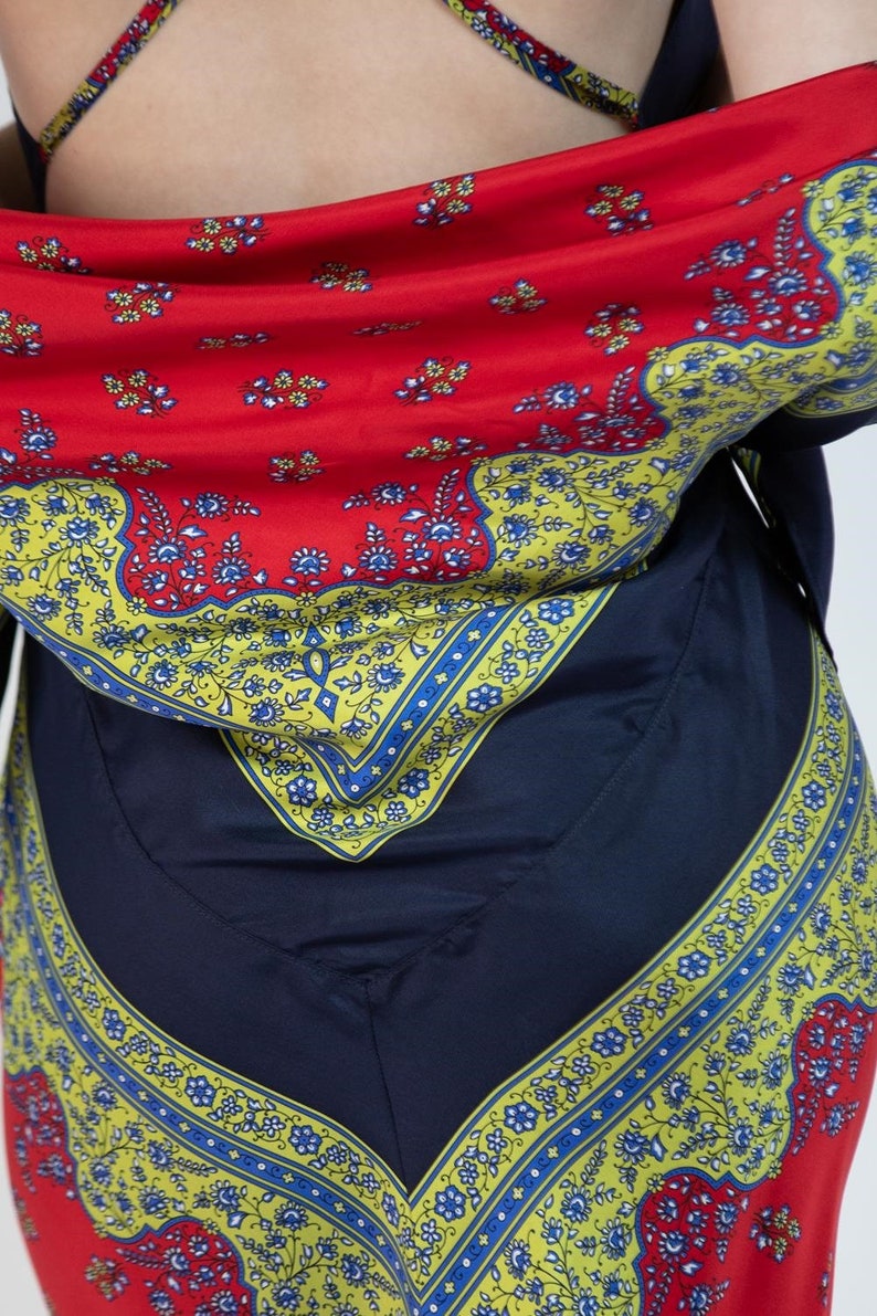 Morphew Collection Navy Blue, Lime Green Red Silk Twill Floral Ditsy Print Scarf Dress Made From Vintage Scarves Bild 7