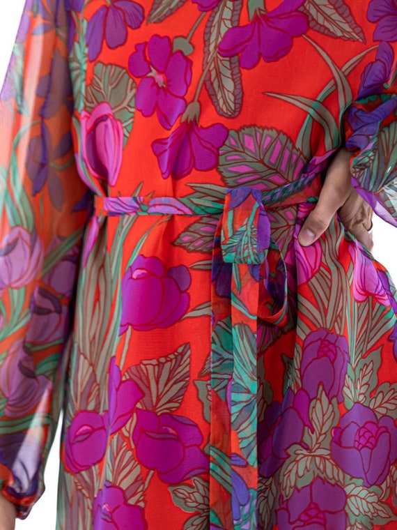 1960S Red Polyester Chiffon Purple Flower Print D… - image 7