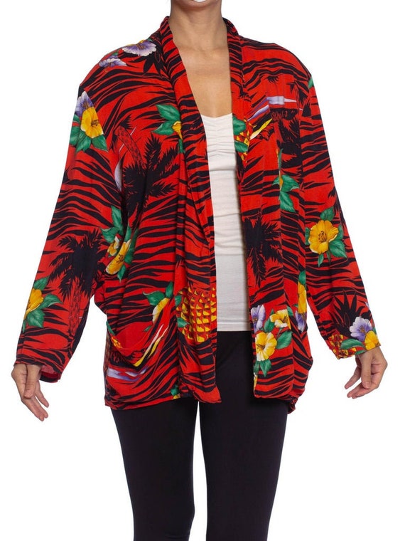 1970S Red Rayon Tropical Print Oversized Jacket - image 3