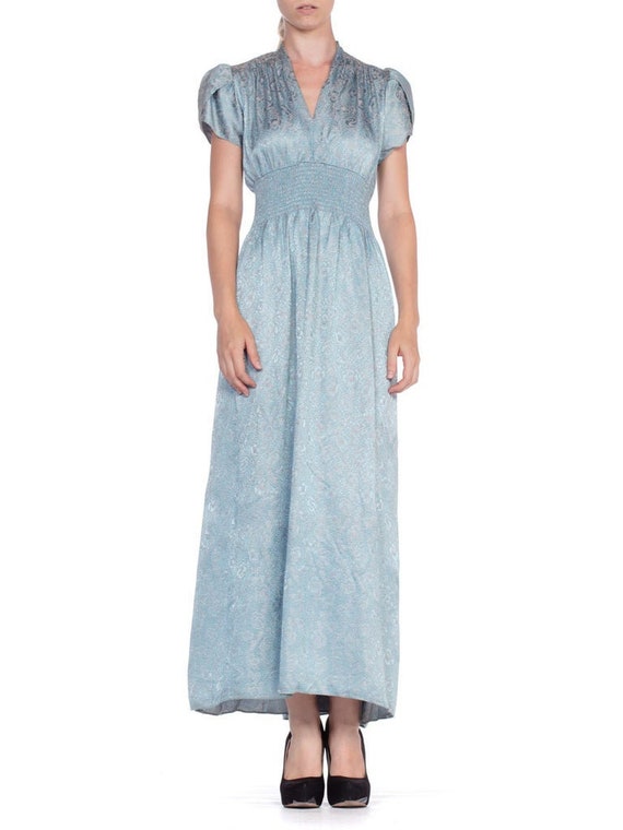 1940'S Baby Blue & Pink Rayon Jacquard Floral Negl