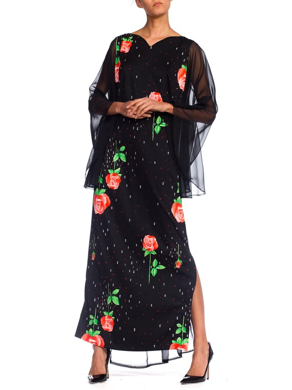 1970S Black Polyester Jersey Rose Print Maxi Dres… - image 3