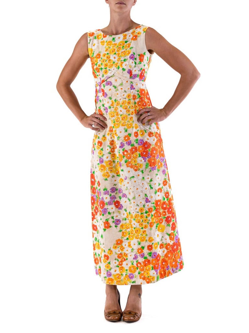 1970'S Cream Orange Flower Print Dress image 6