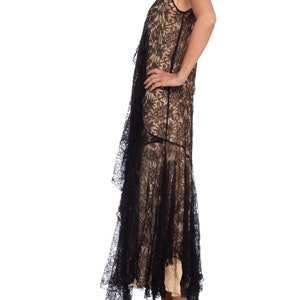 1920S Black Silk Chantilly Lace Flowy Cocktail Dress With Original Slip And Flower Corsage image 6