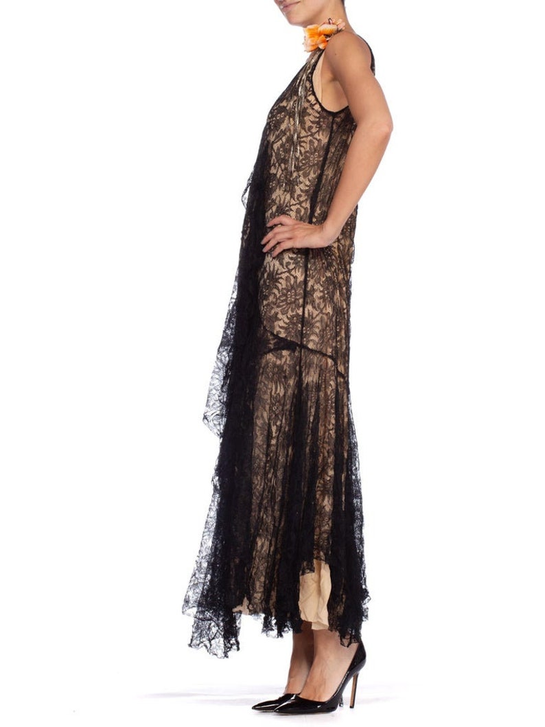 1920S Black Silk Chantilly Lace Flowy Cocktail Dress With Original Slip And Flower Corsage image 6