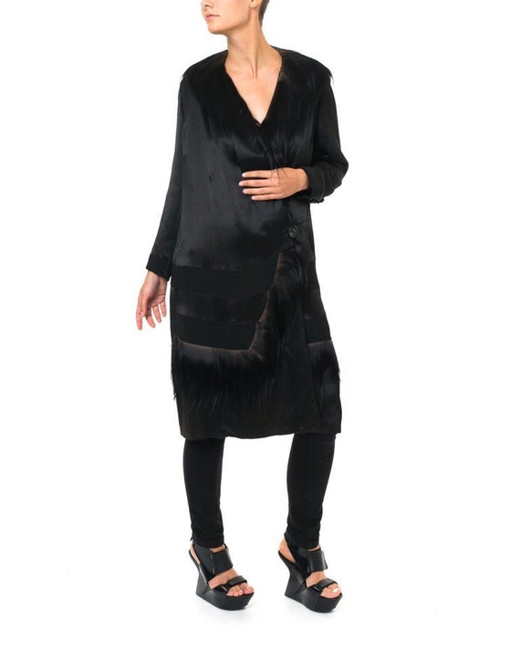 1920S Black Silk Satin Coat Trimmed In Shaggy Fur Gem