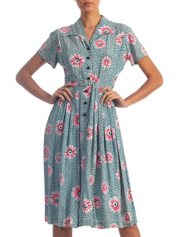 1940'S Floral Rayon Button Front Paris Paving Ston
