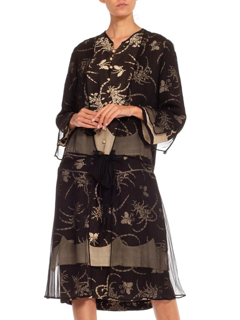 1920S Black Cream Silk Chiffon Made From Quing Dynasty Japanese Butterfly Kimono Dress image 4