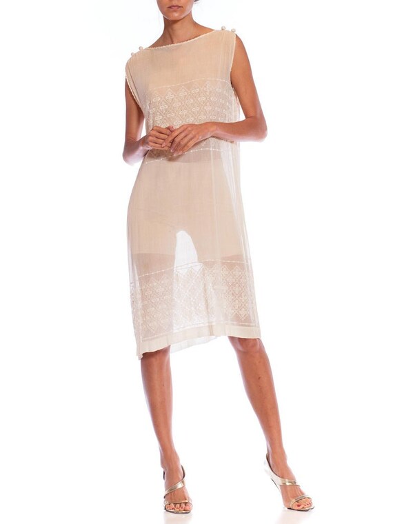 1920S Cream Embroidered Cotton Straight Cut Dress - image 5