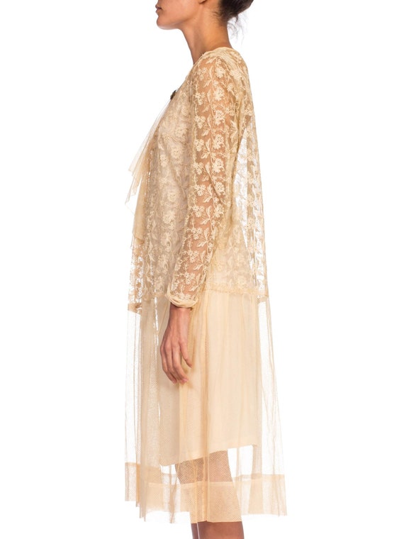 1920S  Beige Cotton Embroidered Tulle & Lace Flap… - image 4