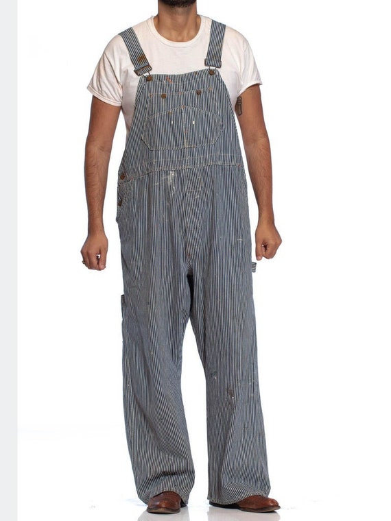 1930S Blue White Cotton Men's Distressed Railroad