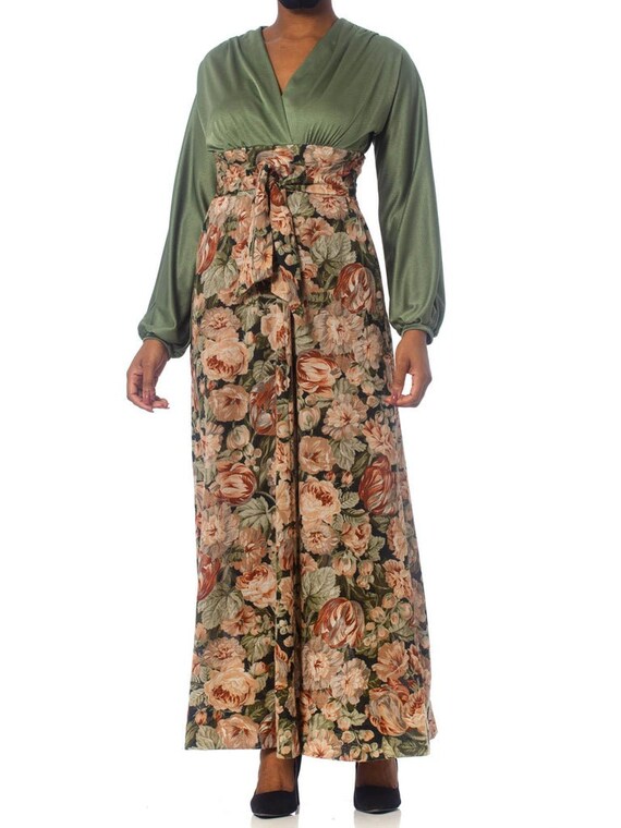 1970S Olive Green Floral Polyester Maxi Dress Wit… - image 5