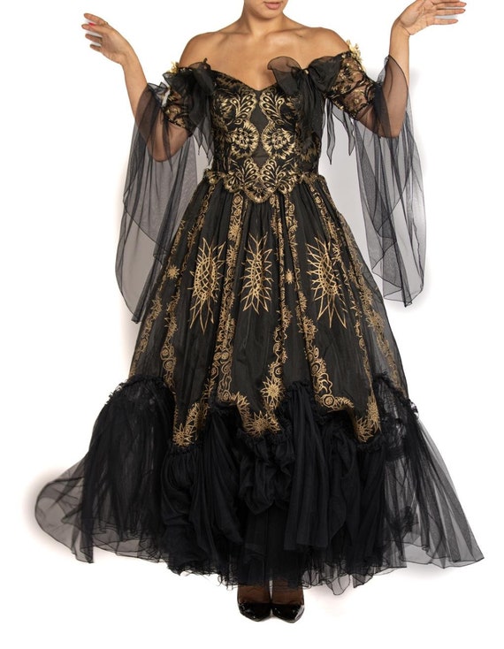 1980S ZANDRA RHODES Black & Gold Lace Ball Gown - image 7