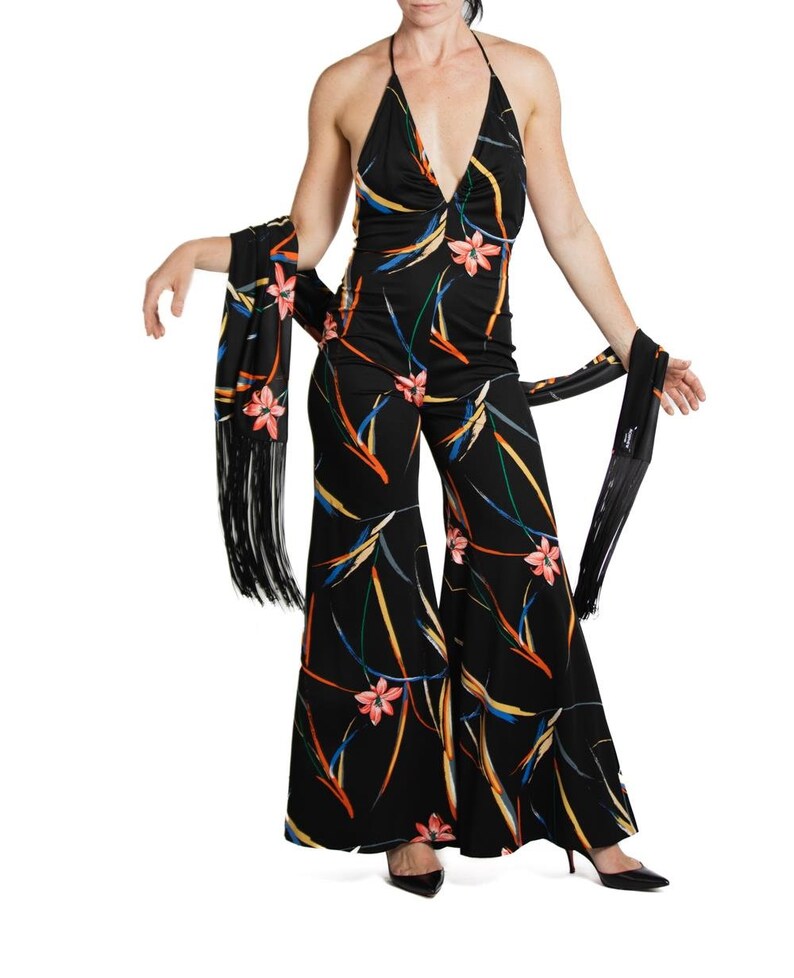 1970S Black & Tropical Rayon Jumpsuit With Matching Shawl image 8