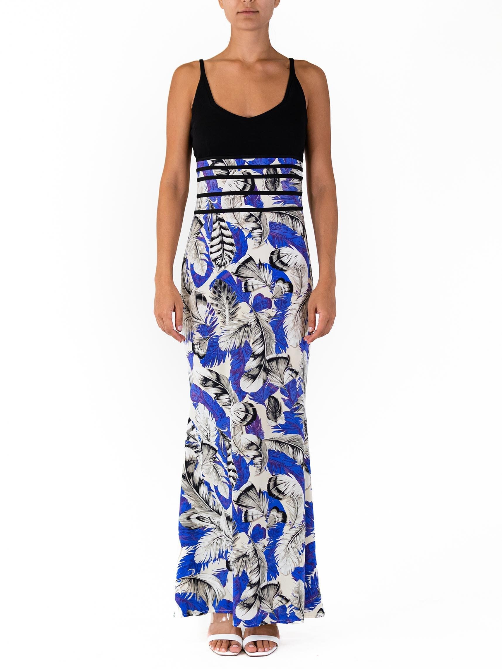 1990S Roberto Cavalli Blue White Feather Print Poly/Lycra Nwt Gown