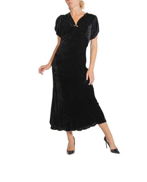 1930S Black Silk Velvet Gown With Art Deco Detail - Gem
