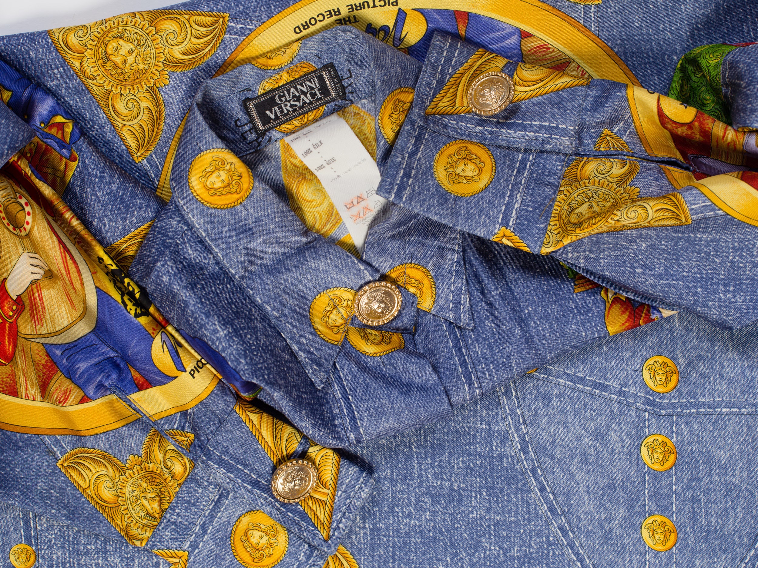 1990S GIANNI VERSACE Multicolor Geometric Silk Men's Shirt Sz 52
