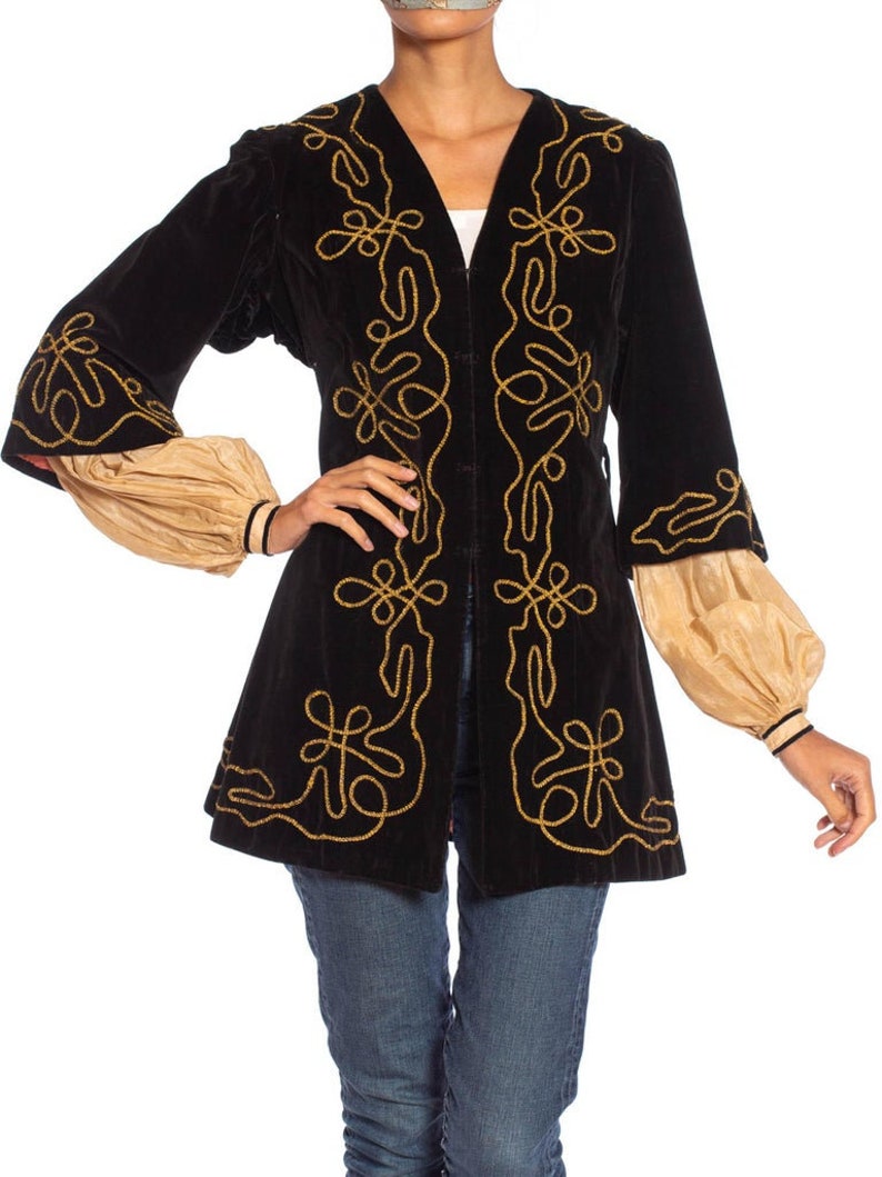 1900S Antique Black Cotton Velvet Medieval Theatrical Costume Jacket With Gold Braid Details image 2