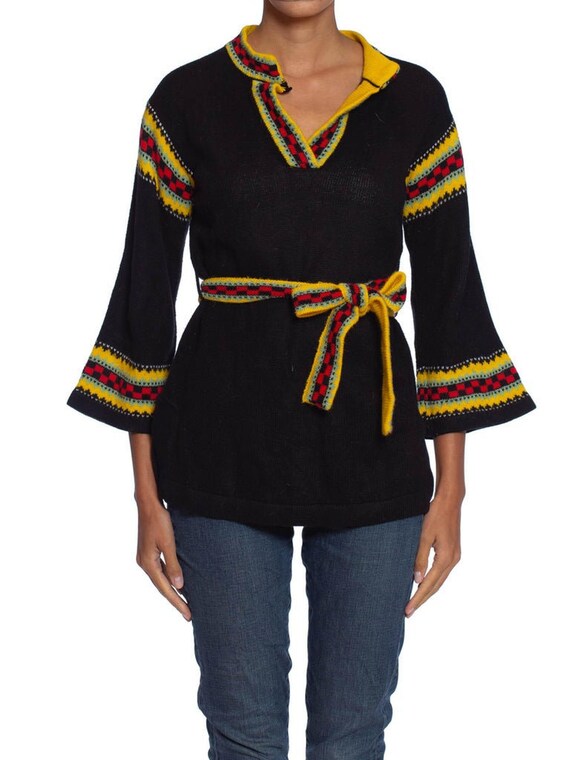1970S Black Yellow Acrylic Knit Belted Sweater
