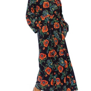 1940S Navy Blue Cotton Flannel Orange Floral Duster Robe image 2