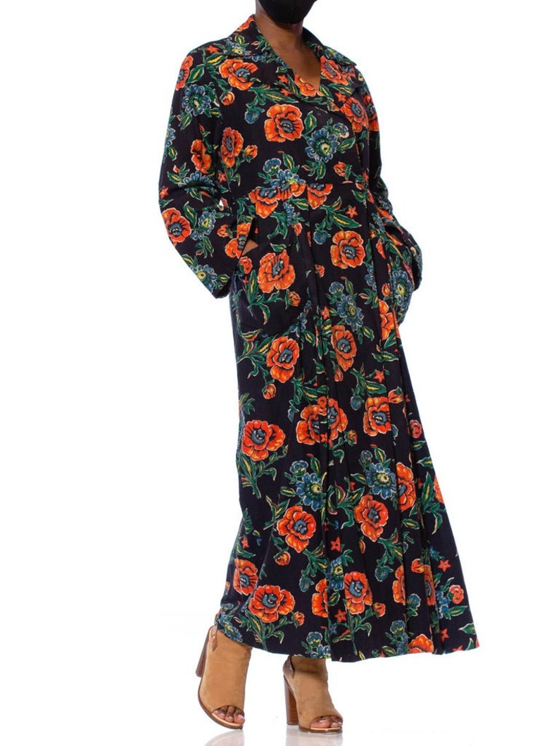 1940S Navy Blue Cotton Flannel Orange Floral Duster Robe image 2