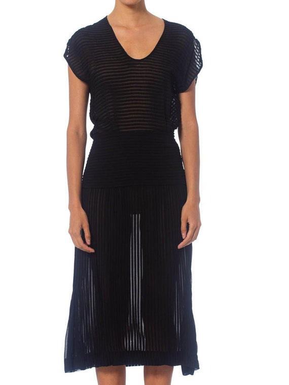 1930S Black Sheer Silk Chiffon Pleated Dress