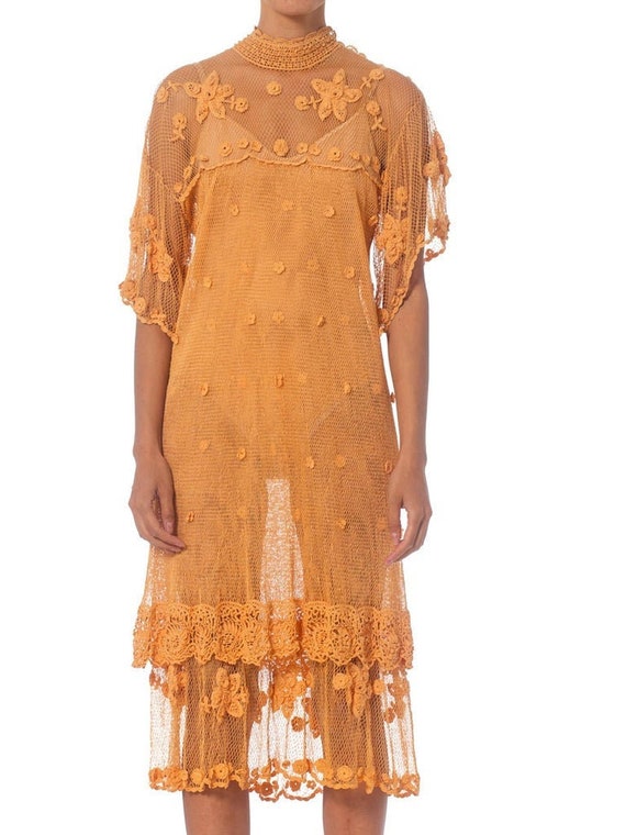 1980S Hand Crocheted Net Lace Boho Dress
