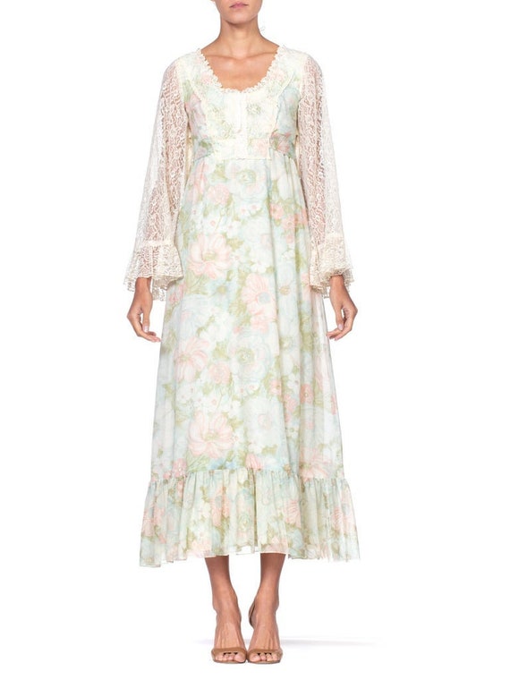 1970S Boho Floral Printed Cotton Tulle Dress Line… - image 1