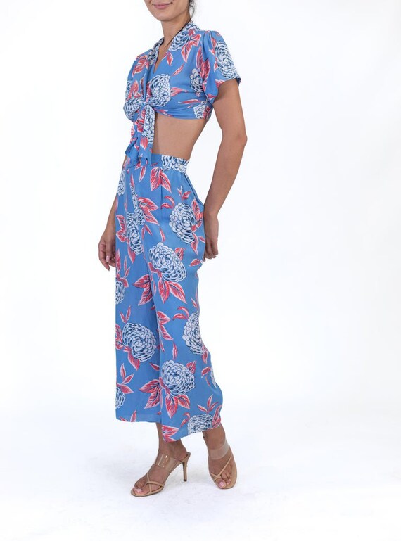 1940S Blue  Pink Cold Rayon Floral Crop Top Pants… - image 2